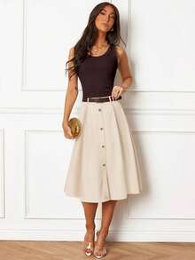 Women's Elegant Mid-Length A-Line Pleated Skirt, Button Front, With Belt, Apricot - Light Apricot Color - View 7