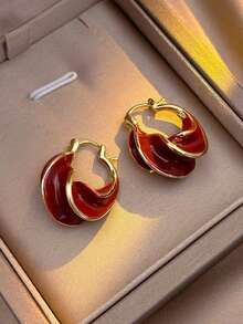 1 Pair Retro Minimalist Niche Geometric Twisted Unique Enamel Wine Red Drip Oil Design High-End Women Party Event Daily Versatile Holiday Wear Fashion Hoop Earrings - Burgundy - View 2