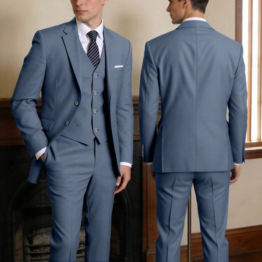 Men's Slim Fit 3-Piece Suit Two Buttons Notched Lapel Solid Suit Jacket Vest Pants Set Tuxedo For Prom Concert Graduation Season Size XS-3XL Men's Spring New Products Suit Sets For Wedding Concert Graduation Season - 藍色 - 查看 1