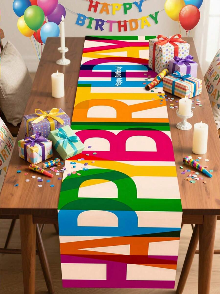 1pc Happy Birthday Table Runner - Rectangular Polyester Fabric, Birthday Tablecloth, Colorful Party Backdrop, Woven, Suitable For Indoor/Outdoor Home Party Decor