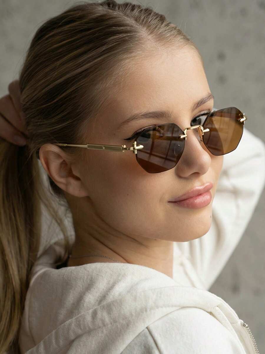 1 Pair Women's Brown Polygon Frameless Metal Leg Personalized Street Style Fashion Fashion Glasses - Brown - View 1