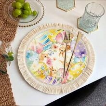 1/4/6 piezas Colección de Pascua, Conejos de color marrón claro dispersos entre huevos de Pascua de colores, rodeados de flores silvestres vibrantes y suave hierba verde, Posavasos/Mantel individual con estampado de lino y borlas - Multicolor - Ver 5