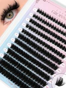 GROINNEYA 144/216片 D型卷翘假睫毛簇 8-16mm混合长度睫毛簇 自然交叉睫毛簇 仙女般轻盈的单根睫毛 柔软轻盈 易于DIY，完美适用于日常和约会妆容 - 黑色 - 查看 2