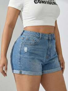 Women's Summer Fashionable Casual Slim Fit Plus Size Denim Shorts, Medium Stretch, With Distressed Ripped Hem Design, Suitable For Daily Wear - Blue - View 8