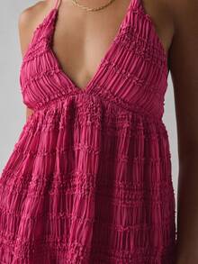 Women Summer Y2k Lace-Up Halter Tops Deep V-Neck Smocked Camisole Sleeveless Sheer Ruffle Hem Babydoll Tank Tops Backless Peplum Cami Shirt Boho Beach Vacation Tops Fairy Printed Aesthetic Clothes - Màu Hồng Tươi - Xem 3