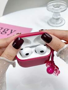 Customized (2-Piece Set, Including Star Chain) Glossy Rose Red Earphone Case Compatible With AirPods 1/2 3 New 4 Pro 3, Customized Letter Name, Back To School Season, Valentine's Day Gift, Good Birthday Gift, Holiday Gift, Gift For Men And Women, Personalized Gift - Hot Pink - View 7