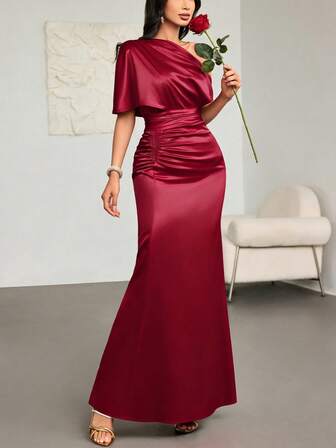 优雅露肩醋酸纤维缎面A字长款连衣裙，适合派对、庆典及其他场合/秋季女装/派对鸡尾酒会礼服/优雅性感夜店礼服/度假礼服/婚礼宾客礼服/优雅婚礼宾客礼服/女士教堂礼服/女士约会之夜礼服/约会礼服/正式婚礼宾客礼服