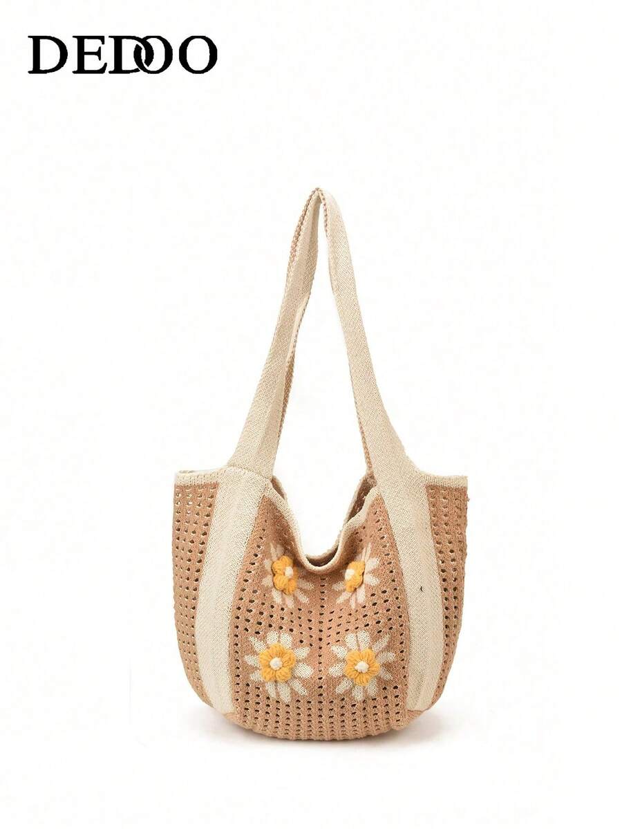 今年新款时尚包包女士 2026 新款时尚高档新款别致慵懒镂空编织包休闲百搭手提包针织夏季旅行手提包。 - 卡其色 - 查看 1