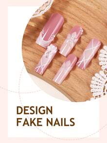 24pcs French Ombre 3D Wavy Floral Bow Rhinestone Design Fashionable Sweet Y2K Style Glossy Square Full Cover False Nails, Suitable For Daily Wear For Women & Girls - Multicolor - View 3