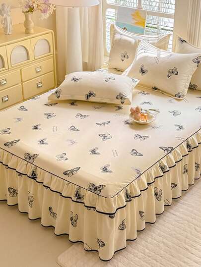 Washed Cotton Active Print Bed Skirt, Comfortable & Soft, Non-Fading, Non-Pilling, Non-Shrinking, Multiple Sizes, Suitable For Home Bedroom, Living Room, Outdoor Travel, All Seasons