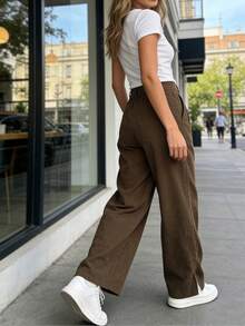 Spring Style Camel High Waist Wide Leg Pants Drapey Wrinkle Resistant Office Casual Pants - Brown - View 4