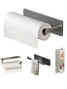 1个厨房纸巾架，无需钻孔，橱柜卷纸收纳架，厨房保鲜膜架，抹布杆，悬挂式置物架，碳钢浴室厨房毛巾架 - 彩色 - 查看 8