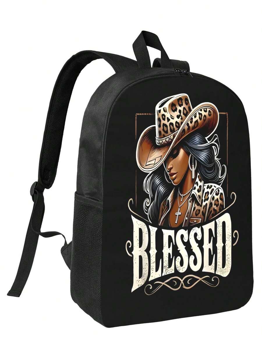 A Woman Wearing A Leopard Print Hat With A Banner Behind Her Classic Casual Backpack - Timeless Design For Everyday Carry - 黑色 - 查看 1