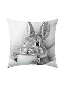 4pcs Sketch Cute Rabbit Printed Pillow Covers | 17.7x17.7in, Polyester, Machine Washable, Zipper Closure, Suitable For Living Room And Bedroom Decor - Black and White - View 14