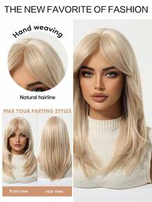 Tóc giả dài màu vàng kim có mái cho nữ, được làm từ sợi tổng hợp chất lượng cao, có lưới hoa hồng, thiết kế rẽ ngôi giữa, phù hợp cho thời trang hàng ngày và các dịp như Halloween, Giáng sinh. - Vàng - Xem 4