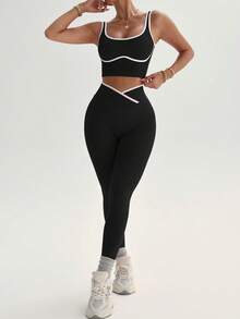女士瑜伽撞色无缝运动套装，健身紧身裤两件套，运动两件套，健身服两件套，运动套装，活力两件套，黑色两件套运动套装 - 黑色 - 查看 3