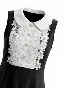 Black Lace Collar Sleeveless Dress, Little Black Dress - Black - View 7