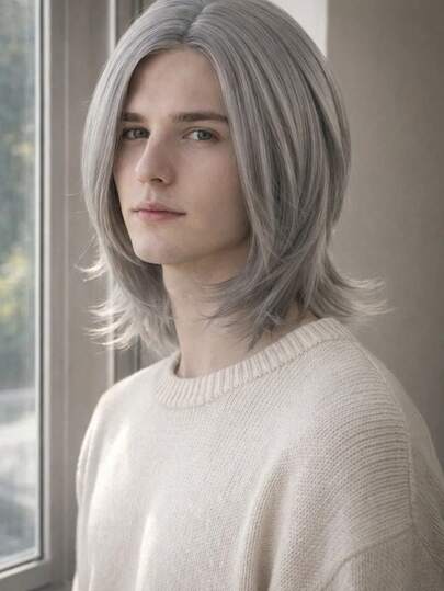 男女通用合成假发，蕾丝前额，狼尾造型，短卷发，银灰色分层，小蕾丝，蕾丝面积：5.5厘米*9.5厘米，日常蓬松假发，全头款，中性色调，适合日常派对、角色扮演等场合。