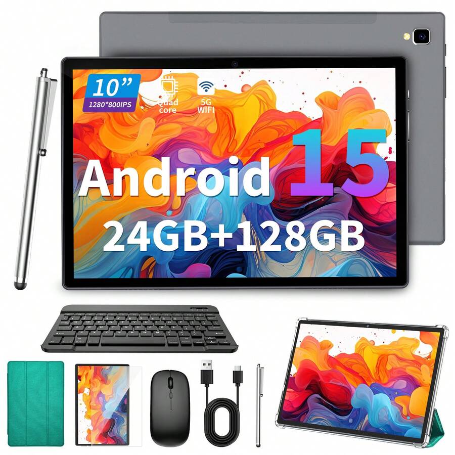 Relndoo Tablet 2 In 1 Tablet With Keyboard, 10 Inch Tablet Android 15 Tablets PC, 24GB RAM+128GB, HD Touchscreen, 6000mAh Battery,5MP+8MP Dual Camera, Tableta Computer, Tab, Pad (No Adapter) - Green - View 1