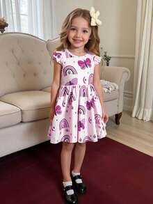 女童彩虹蝴蝶印花无袖圆领休闲连衣裙，适合日常休闲外出、度假、聚会、户外活动等场合，夏季穿着。 - 紫丁香色 - 查看 4