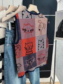 Nueva primavera/verano Chaleco sin mangas de cuello redondo para mujer, estampado de gato colorido de dibujos animados, chaleco con recorte de punto en bloques de color, adecuado para uso diario - Albaricoque - Ver 3