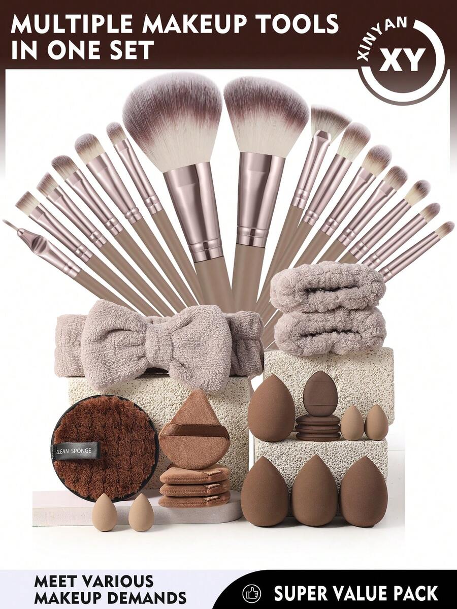 35PCS Makeup Tools Set Including:15PCS Makeup Brush Set+4PCS Makeup Sponges+4PCS Mini Makeup Sponges+4PCS Triangle Powder Puffs+4PCS Mini Air Cushion Powder Puffs+1pc Hairband+2PCS Hand Bowl Strap+1pc Facial Cleansing Sponges - Brown - View 1