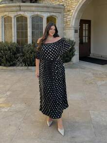 Plus Size Women's Vintage Elegant Socialite Black & White Polka Dot Off-Shoulder Ruffle Waist Dress, Fitted High-End, Suitable For Summer Daily Outings, Beach Vacation, Dates, Birthday Parties And Other Occasions - Black - View 1
