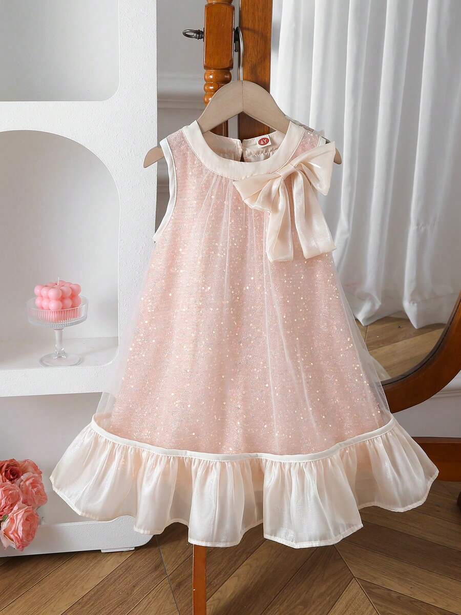 1 chiếc đầm không tay bằng vải lưới đính sequin, cổ bèo nhún và nơ, kiểu dáng thời trang cho bé gái. - Hồng - Xem 1
