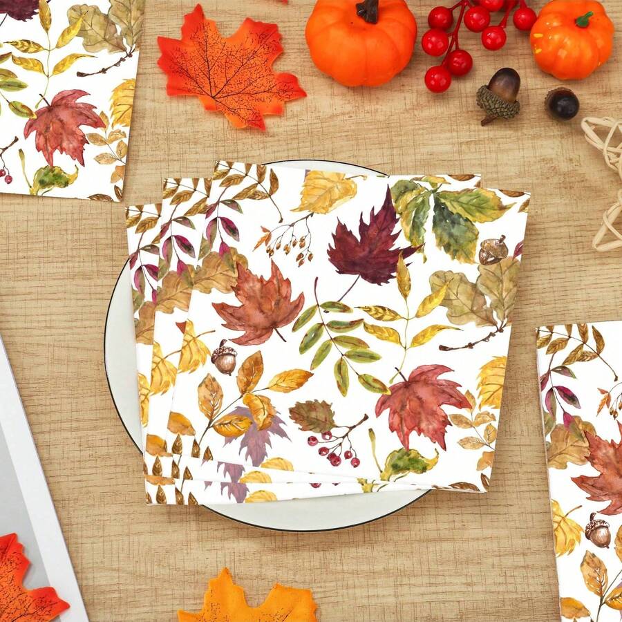 20张/40张/60张装，秋叶图案餐巾纸，枫叶纹，双层纸巾，秋季一次性餐巾纸，秋叶午餐晚餐餐巾纸，适用于感恩节、秋收节及其他家庭厨房派对用品，6.5 x 6.5英寸 - 彩色 - 查看 1