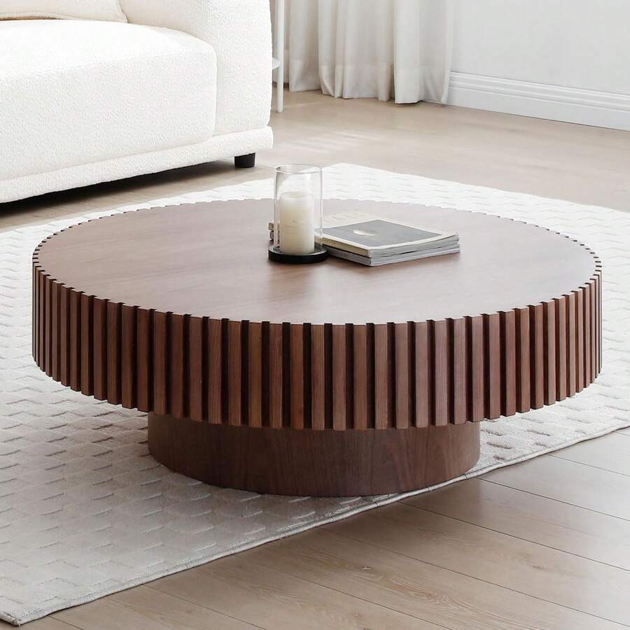 31.49" Walnut Coffee Table Round Wood, Modern Unique Fluted Tea Table, Contemporary Drum Circle Accent Center Table For Living Room, Small Space, Apartment - 白色 - 查看 1