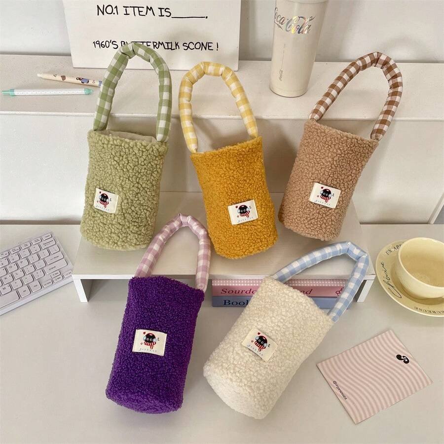 1pc Fluffy Insulated Cup Sleeve, Soft Spill-Proof Anti-Scald Milk Tea Carry Bag - Multicolor - View 1