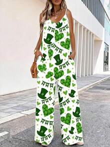 Women's Saint Patrick's Day Jumpsuit: Comfy Spaghetti Strap V-Neck Wide-Leg Romper With Side Pockets, White With Green Holiday Motifs For Festive Outfits & Spring Celebrations. - 混合色7 - 查看 1