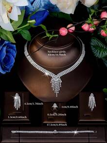 1 Set Romantic Cubic Zirconia Geometric Tassel Jewelry Set, Suitable For Women To Wear On Weddings - Silver - View 7