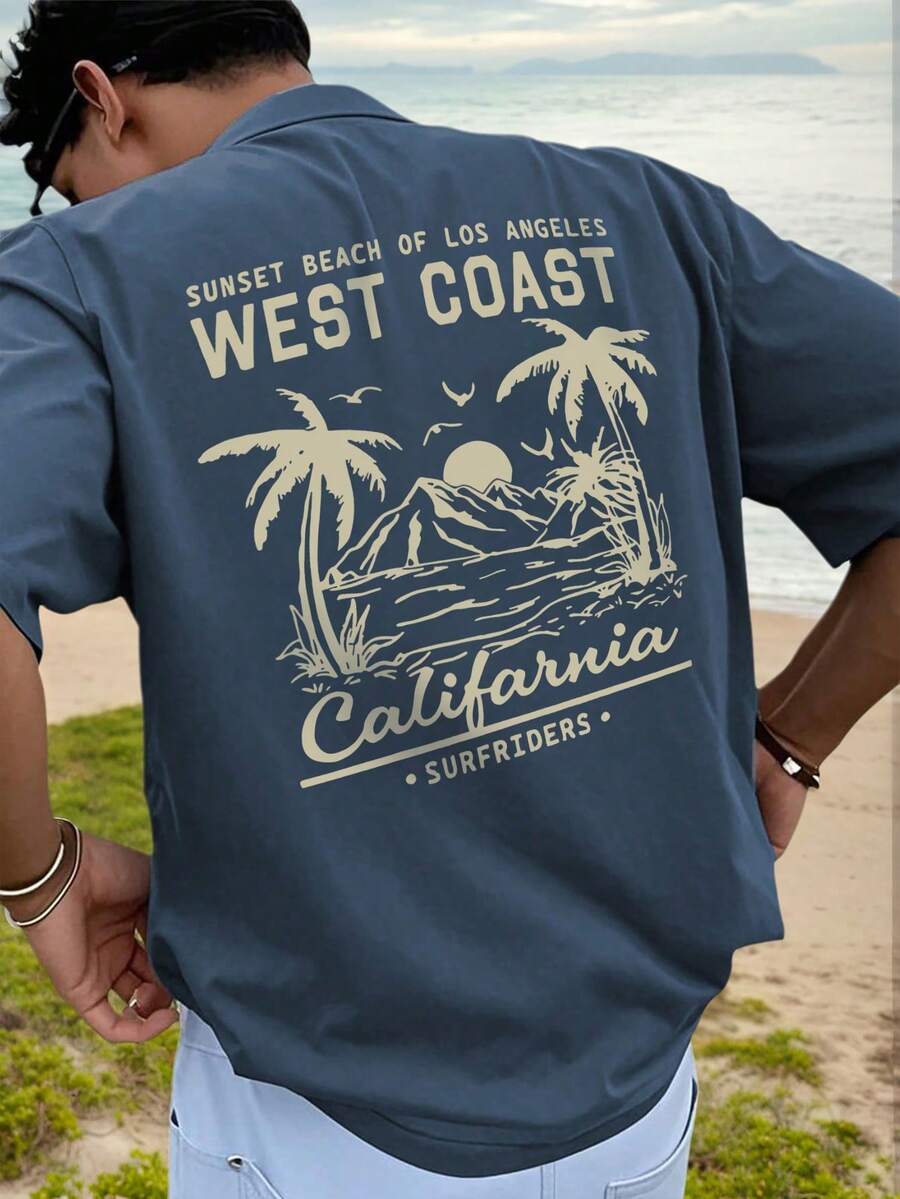 Men's Fashionable Printed Loose Short Sleeve T-Shirt | Exquisite Design | Summer Essential | Easy To Match, Showcasing Your Style - Dusty Blue - View 1