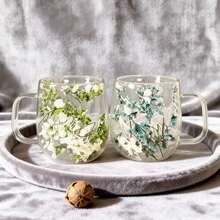 1个/2个双层玻璃杯，饰以逼真的花草图案，可重复使用，适用于牛奶、冷热饮、咖啡、抹茶、卡布奇诺等。透明玻璃杯，仅限手洗。情人节和生日的独特礼物。 - 彩色 - 查看 8