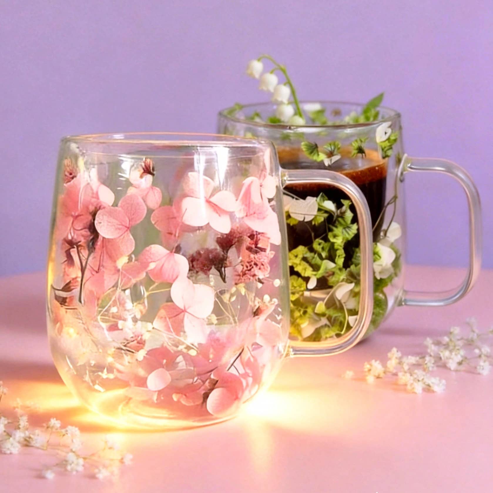 1个/2个双层玻璃杯，饰以逼真的花草图案，可重复使用，适用于牛奶、冷热饮、咖啡、抹茶、卡布奇诺等。透明玻璃杯，仅限手洗。情人节和生日的独特礼物。 - 彩色 - 查看 1