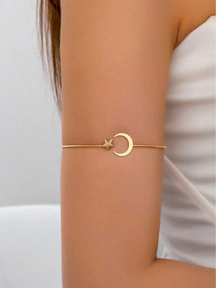 1件金色星月图案金属丝臂环，女士臂镯手链 - 金色 - 查看 1