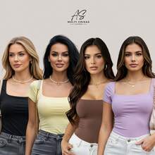 Set Of 4 Baby Look Blouses With Double Front Lining And Square Neckline. Simple. None. Vacation. Beach. - NEGRO/MARRÓN/LILA/AMARILLO - Ver 1