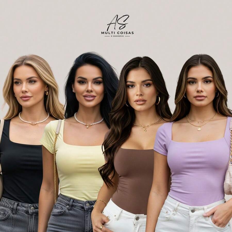 Set Of 4 Baby Look Blouses With Double Front Lining And Square Neckline. Simple. None. Vacation. Beach. - NEGRO/MARRÓN/LILA/AMARILLO - Ver 1