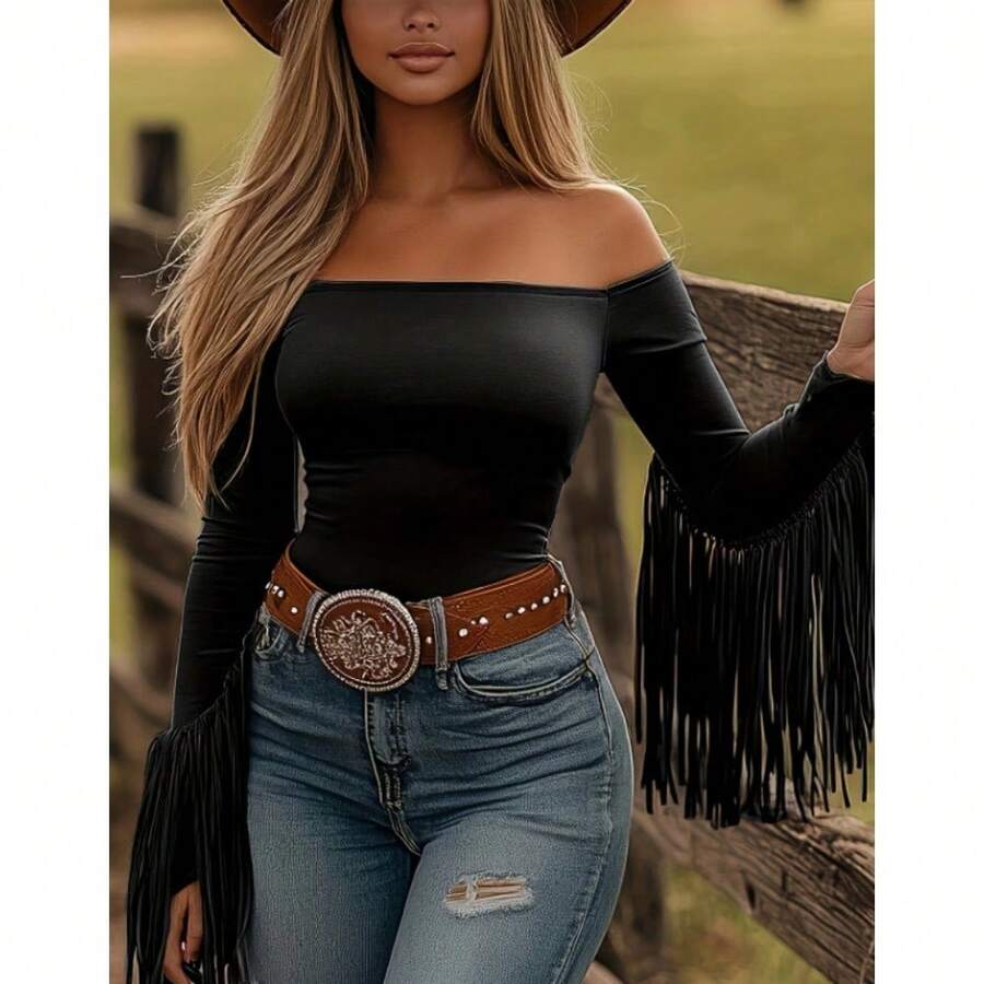 Women's Western Cowgirl Off-Shoulder Fringe Top, Sexy Slim Fit Long Sleeve, Soft Breathable Vintage For Festival Party & Daily Casual Wear - 黑色 - 查看 1