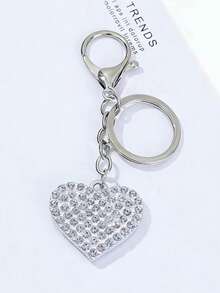 1pc Elegant Cute Casual Zinc Alloy Full Rhinestone Heart Shaped Keychain, Car Key Chain, Backpack Pendant, Holiday Gift - Silver - View 1