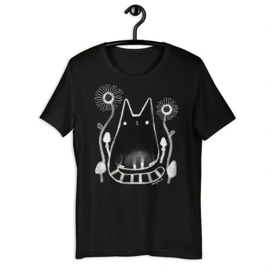 STRAIGHT CUT T-SHIRT Black Cat Mushroom Flowers Shirt Folk Art Forest Quirky Whimsical Birthday Gifts Fungi Floral Weird Gift Witchy Cats - 黑色 - 查看 1