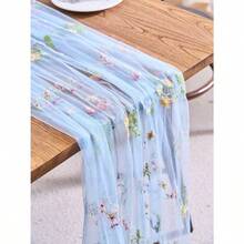 1pc Floral Embroidered Sheer Table Runner, Romantic Farmhouse Style, Suitable For Daily Use, Festivals, Weddings, Hotels, Birthday Parties, Home Decor, Photography Backdrop, All Seasons - 藍色 - 查看 1