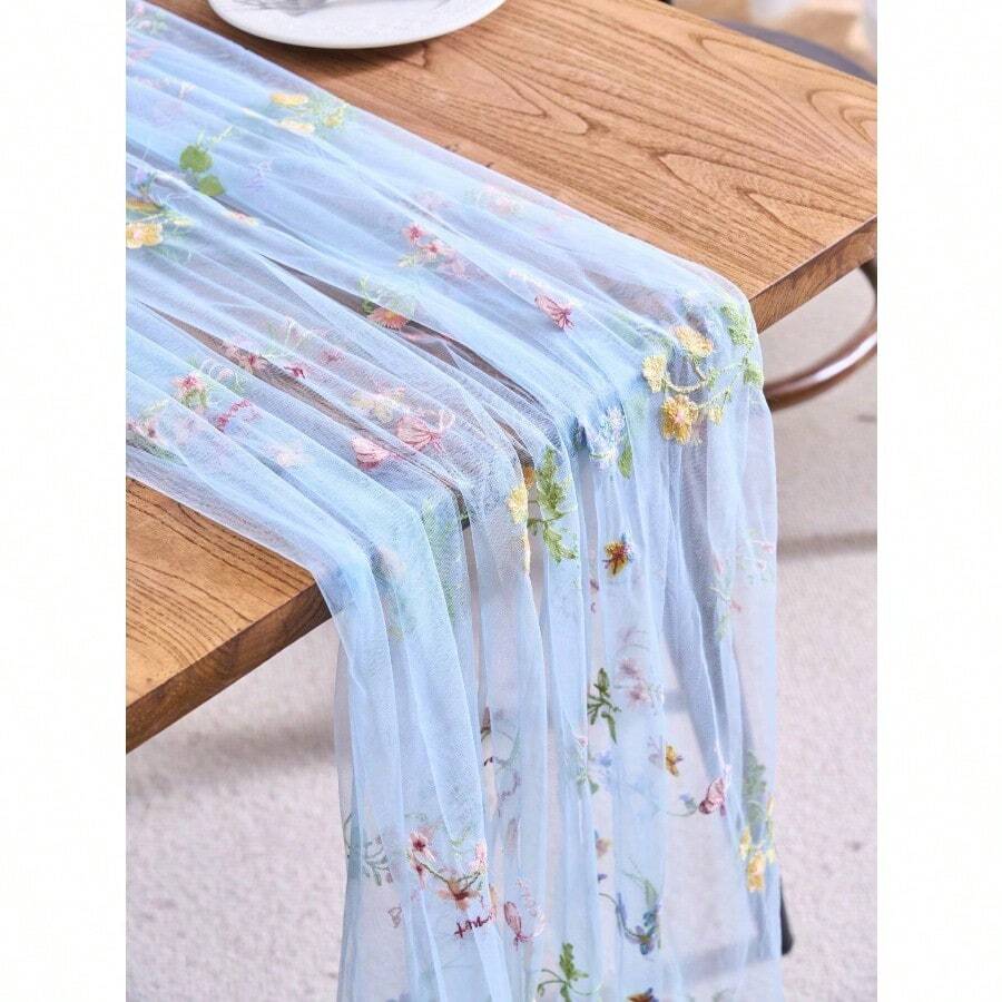 1pc Floral Embroidered Sheer Table Runner, Romantic Farmhouse Style, Suitable For Daily Use, Festivals, Weddings, Hotels, Birthday Parties, Home Decor, Photography Backdrop, All Seasons - Blue - View 1