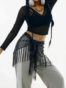 1pc Jazz Dance Waist Chain, Sequin Triangle Scarf For Beginner Hip Scarf Waistband, Street Fashion Accessories, Night Club Party, Festival Celebration, Stage Performance, Shiny Sexy Waist Wrap, Versatile Shawl Drape Summer Fall, Autumn, Halloween - Black - View 5