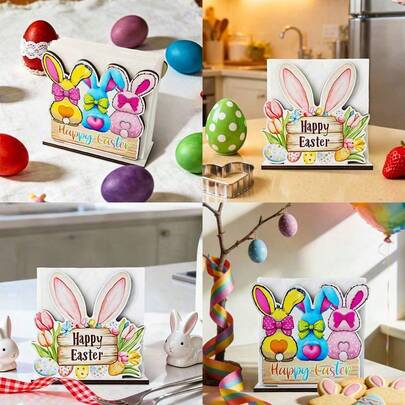 1/2 piezas Soporte de servilletas de madera colorido con el lema "Felices Pascuas", soporte de servilletas independiente para la cocina, mesa de comedor, decoración de fiesta festiva, decoración de primavera