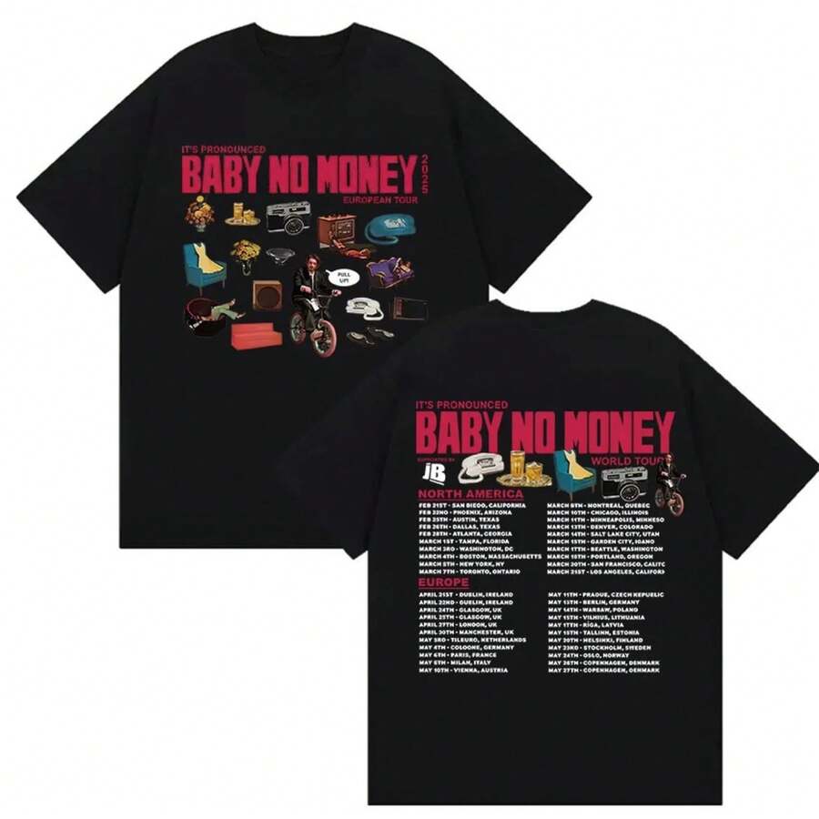 Rapper Bbno $It's Pronunciation Baby No Money World Tour 2025 Men's Women's Hip Hop Fashion Cotton Short Sleeve T-Shirt - 黑色 - 查看 1