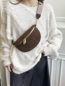 Bolso de cintura de ante sintético de invierno, bolso de pecho de moda para mujer, bolso de correa simple, bolso de cintura de diseñador, bolso bandolera cruzado femenino - Marrón - Ver 2