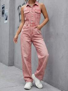 Casual Sleeveless Denim Jumpsuit For Women Extra Long Pink Romper With Pockets Non-Stretch Fabric - Pink - View 2