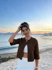 MORI Brown Elegant Minimalist Round Neck Short Sleeve Knit Sweater For Women, Spring/Summer New Casual Loose Comfortable Cardigan, Suitable For Daily, Work, Beach Holiday - Brown - View 1